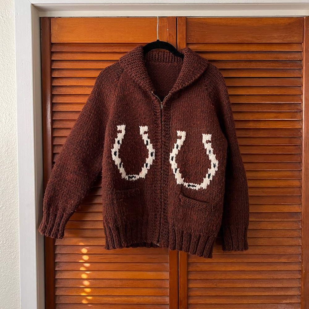 Vintage Cowichan Horse Horseshoe Cardigan Wool Sweater